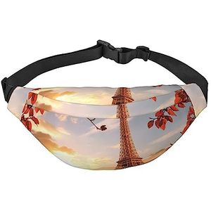 Eiffeltoren en rode bladeren heuptasjes voor dames en heren, lichtgewicht verstelbare heuptas voor reizen, wandelen, fietsen, Zwart, Eén maat