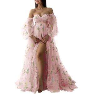 KIYNE Zwangerschapsjurk voor dames, met bloemenborduurwerk, tule, zwangerschapsjurk voor fotoshoot, vogeljurk, zwangerschapsjurk voor babyborrel, roze, 32