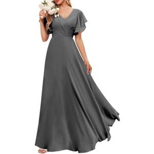 Chiffon bruidsmeisjesjurken voor dames, met split, baljurken, cocktailjurken, grote maten, Grijs, 32