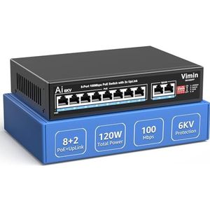 10-poorts PoE-switch met 8 PoE-poorten, VIMIN 8-poorten, onbeheerd 10/100 Mbit/s netwerk, PoE-switch met 2 uplinkpoorten, AI waakhond, VLAN, uitbreiding tot 250 m, IEEE802.3af/at, 120 W