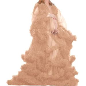 Lange Mouw Geplooide Moederschap Tule Gewaad Voor Fotoshoot Zwangere Badjas Pure Lingerie Nachtjapon AH151, Roségoud, 36
