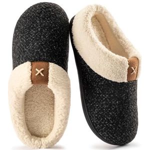ULTRAIDEAS Knusse damesslippers met traagschuim, fuzzy imitatiewol en pluche, fleecegevoerde schoenen voor binnen en buiten, antislip rubberen zool, Donker zwart, 7/8 UK