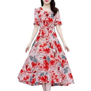 Bloemen Boho Strand Lange Jurk Zomer Korte Mouw Ruches Prom Midi Jurk Vrouwen Elegante Feestjurk, Rood, M