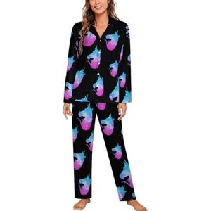 Star Galaxy Nebula Eenhoorn Vrouwen Lange Mouw Button Down Nachtkleding Zachte Nachtkleding Lounge Pyjama Set S