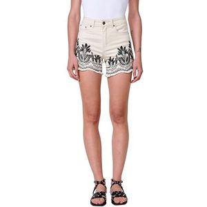 Koroshi Jeans Color Elastische shorts met gemiddelde taille en vijf zakken met ritssluiting en metalen knoop met bloemenmotieven aan taille en zoom met strass-steentjes in ecru voor, Wit, 36