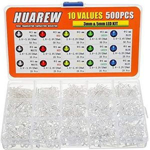 HUAREW 10 waarden 500 stuks LED lichtgevende diode 3 mm 5 mm met witte, rode, gele, groene, blauwe 5 kleuren classificatie kit