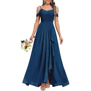 HPPEE Dames V-hals koude schouder bruidsmeisjes jurken met split ruches chiffon formele avondjurk, Turkoois, 32