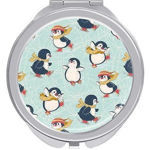 Pinguïns Winter Schaatsen Compacte Spiegel Ronde Pocket Make-up Spiegel Dubbelzijdige Vergroting Opvouwbare Draagbare Hand Spiegel