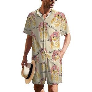 Grappig kattenhaar Hawaïaans pak voor heren, set van 2 stuks, strandoutfit, shirt en korte broek, bijpassende set