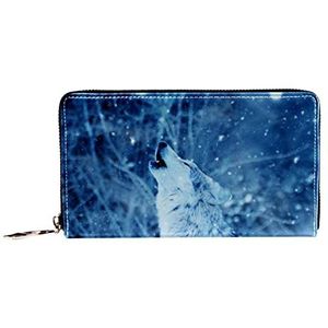 Vrouwen Zip Rond Portemonnee en Telefoon Clutch, Wolf Huilen in De Winter Sneeuw, Reistas Lederen Clutch Bag Kaarthouder Organizer Polsbandjes Portefeuilles, Meerkleurig, 8.07x1x4.53 in, Hedendaags