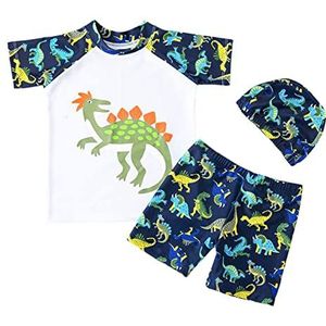 FedMois Kinderen Jongens Zwempak 3-delig Badmode Set Zwemshirt Zwemshorts Badmuts, Dinosaurus Wit, 1-2 jaar