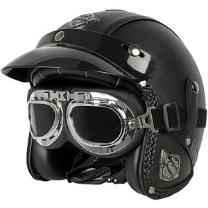 Retro Open Motorhelm Met Bril Motorfiets Jet Lederen Helm 3/4 Motorfiets Half-Cover Helm ECE Goedgekeurde Volwassen Mannen En Vrouwen Valhelm 10,M