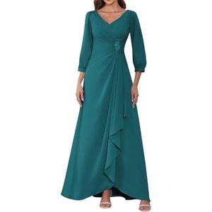 HPPEE Dames lange mouwen moeder van de bruid jurken ruches geplooide chiffon formele jurk avond party jurk, Turkoois, 34