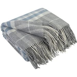 LYHome Kasjmier Deken met Merino Wollen - Blanket Wol voor op de Bank Sofa & Bed, Plaid Cashmere en Merinowol, Plaids Grote Zachte, Warme Natuur Dekens (140 x 200 cm, Grijs - Zacht Blauw - Wit Tartan)