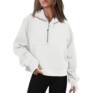 Womens Hoodies Sweatshirts Half Zip Cropped Pullover Fleece Quarter Zipper Hoodies with Pockets Fall Outfits Clothes Thumb Hole (Color : White, Size : XXL)