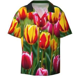EdWal Roze Tulpen Print Heren Korte Mouw Button Down Shirts Casual Losse Fit Zomer Strand Shirts Heren Jurk Shirts, Zwart, 3XL