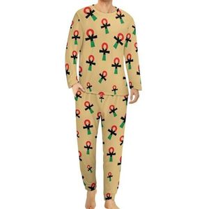 Rood-zwart en groen Ankh-symbool comfortabele herenpyjama set ronde hals lange mouwen loungewear met zakken XL