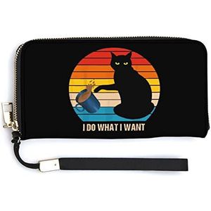 Doe wat ik wil voor zwarte kat dames portemonnee lederen lange clutch portemonnee grote capaciteit kaart organisator met polsbandje