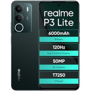 realme P3 Lite smartphone, 8 GB RAM, 256 GB ROM, 6,67 inch 120 Hz HD+ scherm, 6000mAh batterij, UNISOC T7250 octa-core, 50 MP + 5 MP camera, Android 15, NFC, dual-sim, dennengroen (Geen Adapter)