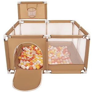 Selonis Square Babybox Met Plastic Ballen, Basketbal, Beige:Geel/Oranje/Pastelbeige/Wit,100 Ballen