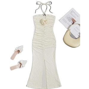 jurken voor dames Stereo Flower Tie Backless Split Dij Halterjurk for dames (Color : Beige, Size : L)