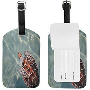 Grijze kunst zee schildpad bagage koffer tags lederen ID label voor reizen (2 stuks)