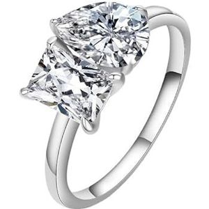 Moissan Diamond Double Stone Ring Dames 925 zilveren vierkante druppelvormige ring (Color : White Golden, Size : 6)