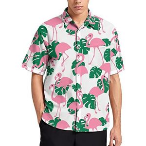 Roze Flamingo's Patroon Mannen Korte Mouw T-Shirt Causale Button Down Zomer Strand Top Met Zak