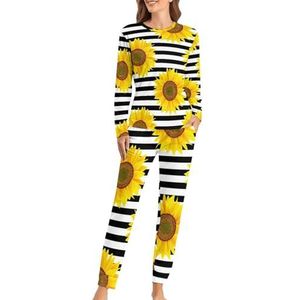 Zonnebloemen Wit Gestreepte Zachte Dames Pyjama Lange Mouw Warm Fit Pyjama Loungewear Sets met Zakken XS