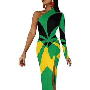 Jamaica Vlag Plam Tree Damesjurk met halve mouwen, avondfeest, lange jurken, cocktailjurk, split, bodycon jurk, L