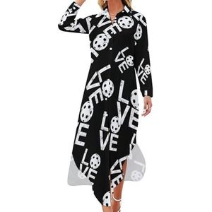I Love Pickleball Maxi-jurk voor dames, lange mouwen, knoopsluiting, casual party, lange jurk, XL