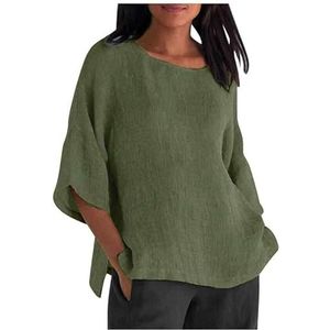 Vrouwen katoenen linnen blouse shirts zomer vrouwelijke O-hals driekwart losse effen tops dagelijkse casual kleding(Army Green,3XL)