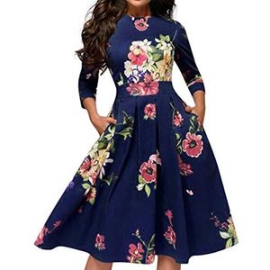 Vrouwen Mode Jurk Elegent A-lijn Retro Printing Vrouwen Party Club Avondjurk Lente Zomer Plus Size Dames Nieuwigheid Bruidsmeisje Swing Rok, Blauw, XL