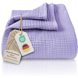 (LAYNENBURG Premium mousseline sprei 220 x 240 cm XXL cm - 100% katoen - extra zachte katoenen deken als knusse deken, bed throw, sofa throw, bank throw - warme bank deken (lavendel)