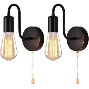 Indoor wandlamp met schakelaar, 2-pack wandlamp met trekschakelaar, E27 lampfitting, vintage industriële lamp, metaal, zwart, retro wandverlichting voor slaapkamer, woonkamer, eetkamer, balkon, loft