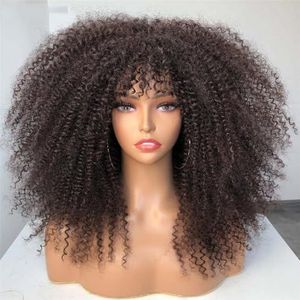Kort Haar Afro Verwarde Krullende Pruik Met Pony Synthetische Cosplay Pluizige Natuurlijke Pruiken Voor Zwarte Vrouwen Donkerbruin 45 cm