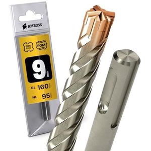 SDS-Plus-hamerboor, 4 x snijkanten, PGM, diameter van 9,0 mm x 95 mm, hardmetaal, professionele boor 9,0 x 95 mm, steenboor voor staalbeton, metselwerk, baksteen, kalkzandsteen