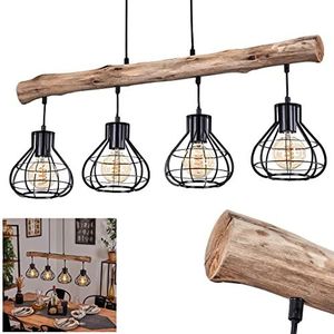 Gainesville hanglamp, hanglamp van metaal/hout in zwart/natuur, 4 lampen, 4 x E27, hanglamp met houten balken in rasterlook in vintage design, hoogte max. 122 cm, zonder gloeilampen
