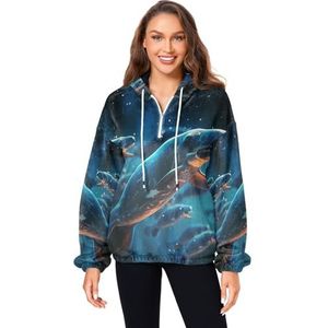 KAAVIYO Blue Walruses Flying Space Pluizige Jas Trui Hoodie Hooded Zakken Fuzzy Fleece Sweatshirt Ronde hals Truien Hoodies voor Meisjes Vrouwen, Patroon, XL