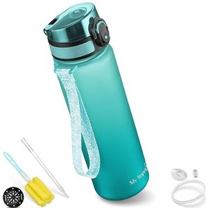 My Vesperbox Minny Drinkfles voor kinderen, lekvrij, met rietje of zeef, 350 ml, 500 ml, 750 ml, lichte Tritan waterfles, BPA-vrij, voor kleuterschool, school (blauw-turquoise, 500 ml)