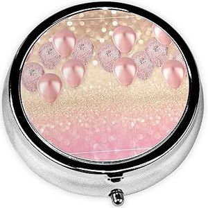 Roze Glitter Ballon Gedrukt Ronde Pillendoos Draagbare Mini Pil Case Metalen Ijzer Plating Pil Organizer met 3 Compartiment voor Pocket Purse
