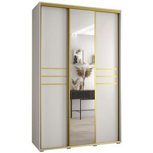 MEBLE KRYSPOL Davos 11 150 Kledingkast met drie schuifdeuren voor slaapkamer - Moderne Kledingkast met spiegel, kledingroede en planken - 235,2x150x60 cm - Wit Wit Goud