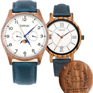 Zeitholz Houten horloges voor koppels, gratis gravure, geschenken, analoog horloge, Klitten 42mm & Rosenbach 36mm, 100% natuurlijk hout, Japans quartz uurwerk., Wit, Japans