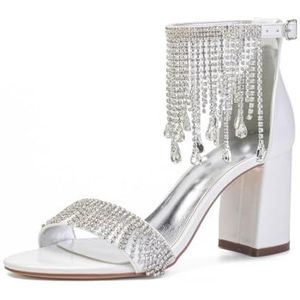 SYDZSW Trouwschoenen Naaldhak Bruidsschoenen Hoge Hakken Satijn Sandaal Bruidsband met Strass Pompons 35-43, Ivoor, 43 EU