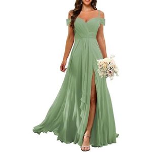 KURFACE Dames koude schouder chiffon bruidsmeisjes jurken met split geplooide formele avondjurk Maid of Honor, Stoffige Salie, 34