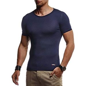Leif Nelson Heren zomer T-shirt ronde hals slim fit fijn gebreid cool wit zwart basic heren T-shirt ronde hals korte mouwen top lang LN20754, blauw, L