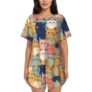 YJxoZH Leuke Katten In Een Verscheidenheid Van Kleuren Print Vrouwen Zomer Pyjama Sets Nachtkleding Dames Korte Mouw Nachtkleding Pjs Lounge Met Zakken, Zwart, XL