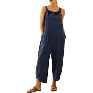 LINKE Overall voor dames casual losse tuinbroek zacht katoen linnen baggy jumpsuit verstelbare bandjes met zakken, M-5XL, Blauw, XL