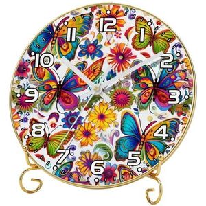 YTYVAGT Wandklok, moderne klokken op batterijen, vlinder bloemen kleurrijk, ronde stille klok 9.4 inch