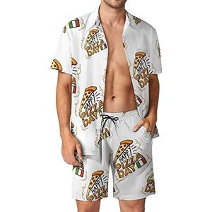 Happy Pizza Day Hawaiiaanse bijpassende set voor heren, 2-delige outfits, button-down shirts en shorts voor strandvakantie